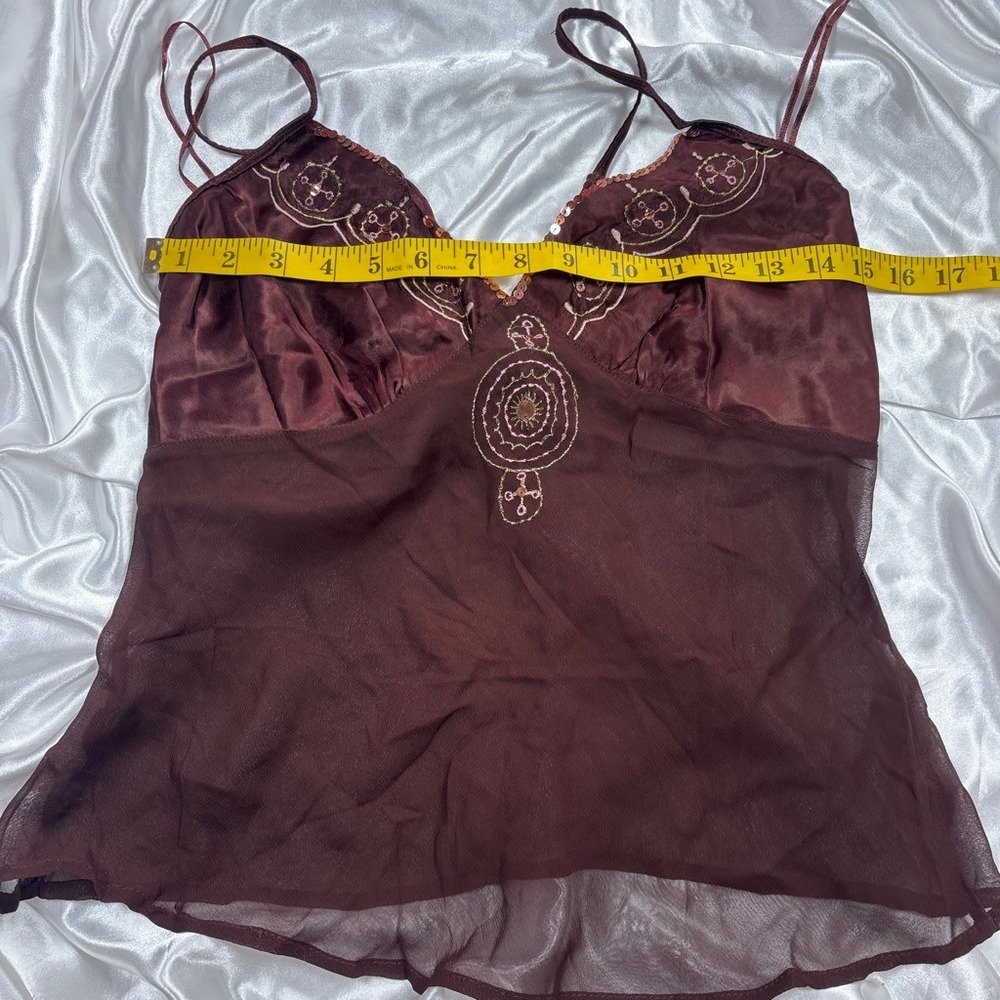 y2k Angie Cami Top Brown Sheer Sequin Embroidered Boho Medallion M - Picture 5 of 6